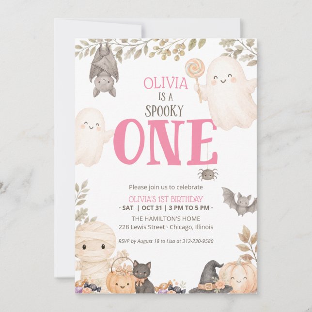 Convite de Aniversário de 1 Ano Pink Boho Spooky (Frente)