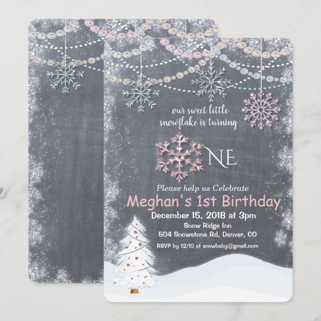 Convite de Aniversário de 1 Ano Primeiro Floco de  (Frente/Verso)