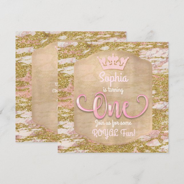 Convite de Aniversário de 1 Ano Princesa Dourado R (Frente/Verso)