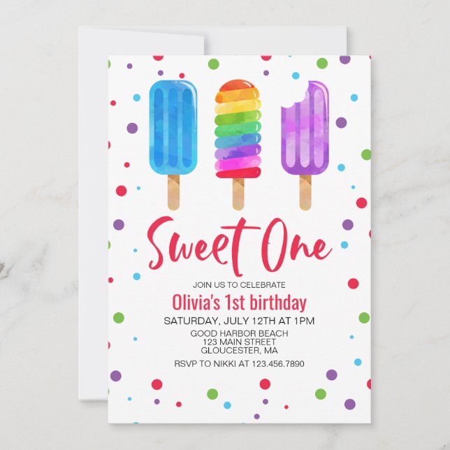 Convite de Aniversário de 1 Ano Rainbow Ice Pops S (Frente)