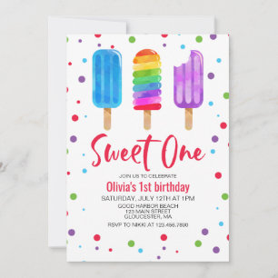 Convite de Aniversário de 1 Ano Rainbow Ice Pops S
