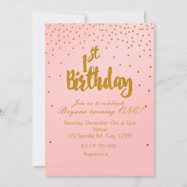 Convite de Aniversário de 1 Ano Rosa Bege e Dourad (Frente)