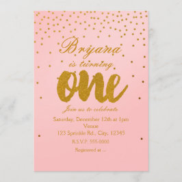 Convite de Aniversário de 1 Ano Rosa Bege e Dourad