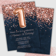 Convite de Aniversário de 1 Ano Rose Gold Azul Nav