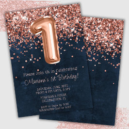 Convite de Aniversário de 1 Ano Rose Gold Azul Nav