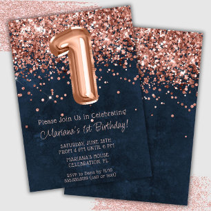 Convite de Aniversário de 1 Ano Rose Gold Azul Nav