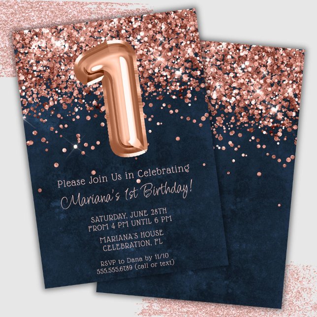 Convite de Aniversário de 1 Ano Rose Gold Azul Nav (Criador carregado)