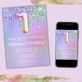 Convite de Aniversário de 1 ano Roxo Brilho Rosa