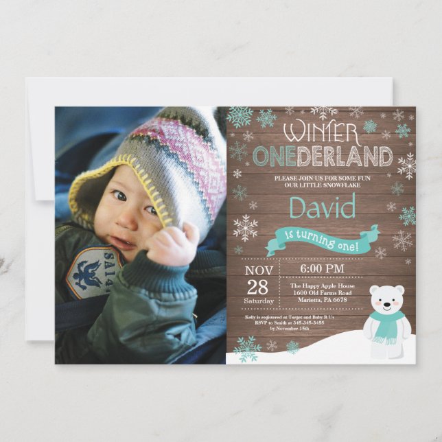 Convite de Aniversário de 1 Ano Rustic Winter Oned (Frente)