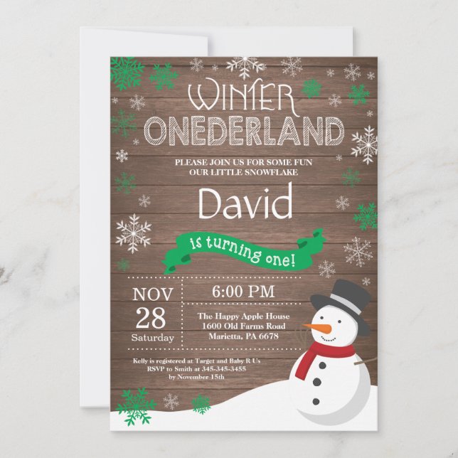 Convite de Aniversário de 1 Ano Rústico de Inverno (Frente)