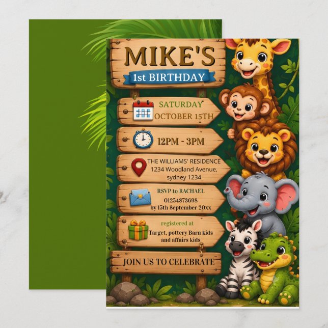 Convite de Aniversário de 1 ano Safari Animais da  (Frente/Verso)