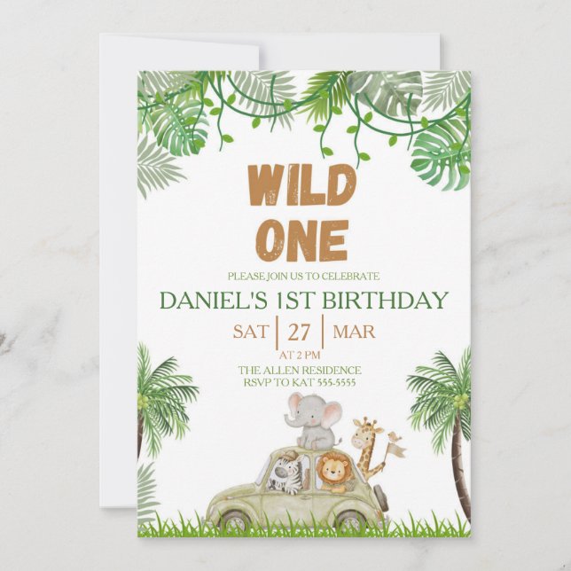 Convite de Aniversário de 1 Ano Safari Selva Wild  (Frente)