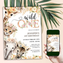 Convite de Aniversário de 1 Ano Safari Wild One Me