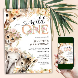 Convite de Aniversário de 1 Ano Safari Wild One Me