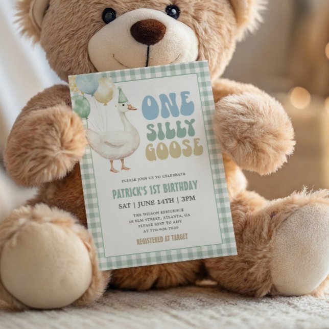 Convite de Aniversário de 1 Ano Sage Green Gingham (Criador carregado)