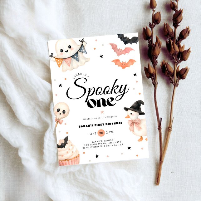 Convite de Aniversário de 1 Ano Tema Halloween Ass (Spooky one 1st birthday invitation halloween themed.)