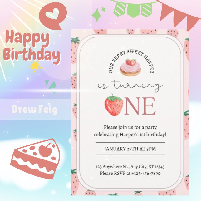 Convite de Aniversário de 1 Ano Tema Morango Doce (Criador carregado)