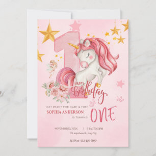 Convite de Aniversário de 1 Ano Unicórnio Rosa Pas