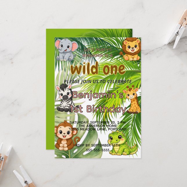 Convite de Aniversário de 1 ano Wild One Safari |  (Frente/Verso In Situ)