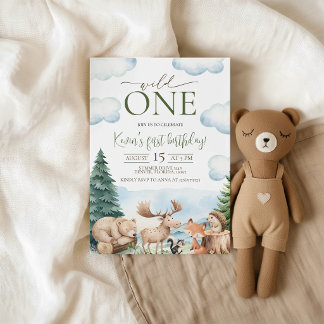 Convite de Aniversário de 1 ano Woodland Wild One