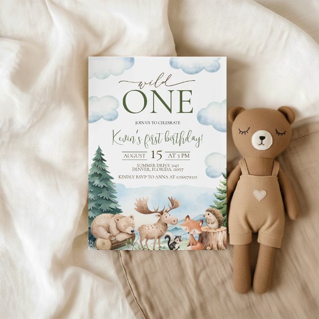 Convite de Aniversário de 1 ano Woodland Wild One (Criador carregado)