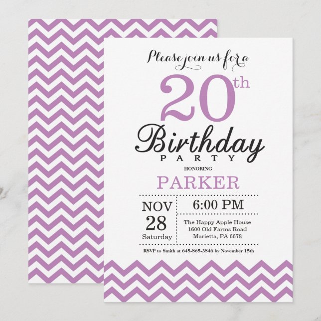 Convite de Aniversário de 20 anos Chevron Roxo (Frente/Verso)