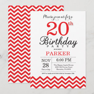 Convite de Aniversário de 20 anos Chevron Vermelho