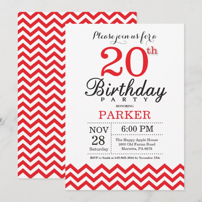 Convite de Aniversário de 20 anos Chevron Vermelho (Frente/Verso)