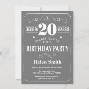 Convite de Aniversário de 20 Anos Cinza e Branco