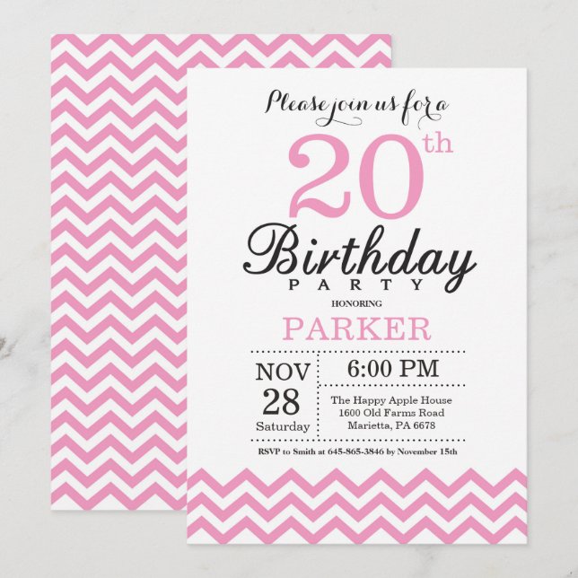 Convite de Aniversário de 20 anos com Chevron Rosa (Frente/Verso)