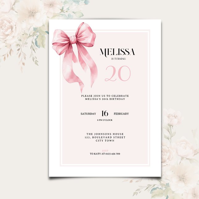 Convite de Aniversário de 20 Anos com Laço Rosa El (Criador carregado)