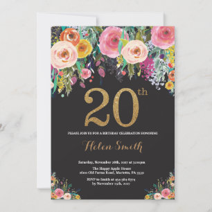 Convite de Aniversário de 20 anos Floral com Brilh