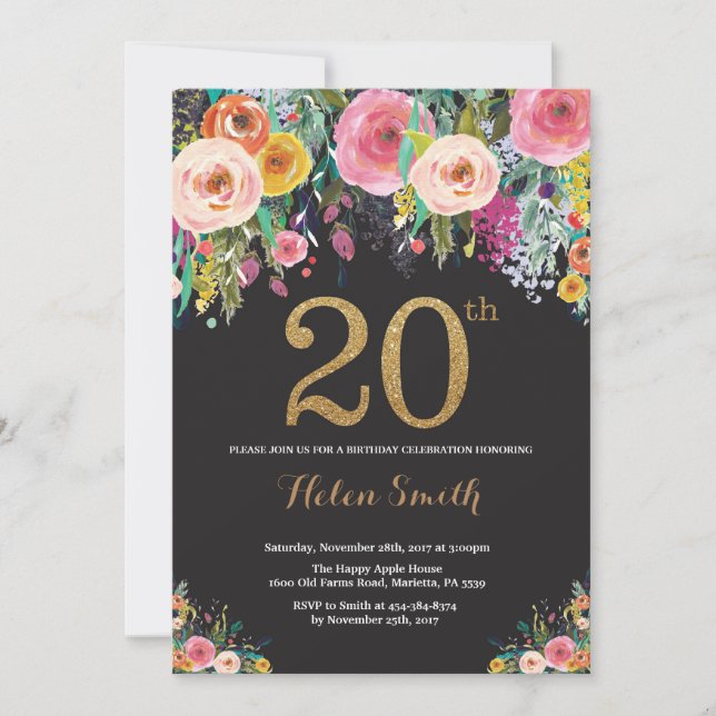 Convite de Aniversário de 20 anos Floral com Brilh (Frente)