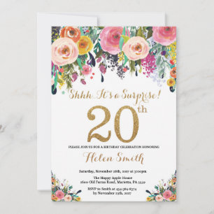 Convite de Aniversário de 20 anos Floral Surpresa 