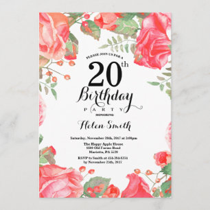 Convite de Aniversário de 20 anos Floral Vermelho 