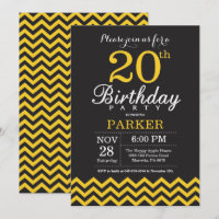 Convite de Aniversário de 20 anos Preto e Amarelo 