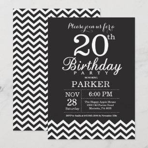 Convite de Aniversário de 20 anos Preto e Branco C