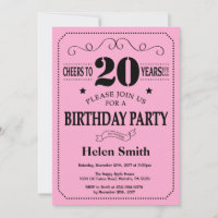 Convite de Aniversário de 20 Anos Preto e Rosa