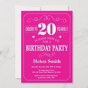 Convite de Aniversário de 20 Anos Rosa Quente e Br