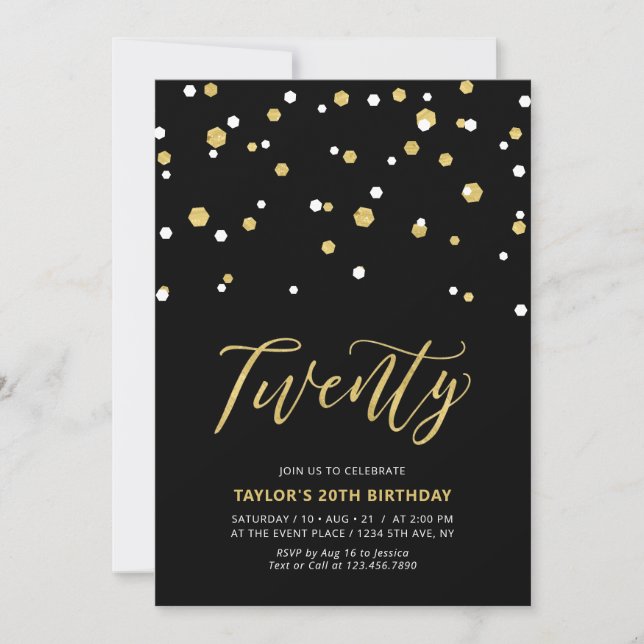 Convite de Aniversário de 20 Anos Simples Preto e  (Frente)