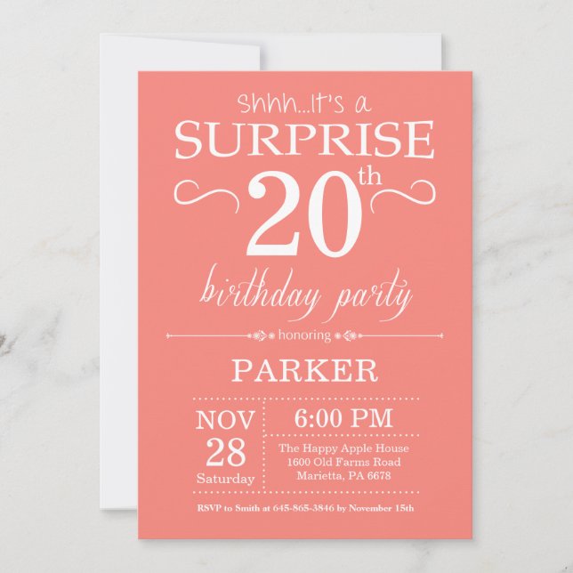 Convite de Aniversário de 20 anos Surpresa Coral (Frente)