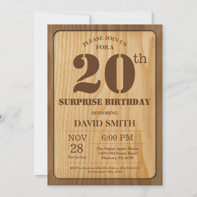 Convite de Aniversário de 20 Anos Surpresa Rústica (Frente)