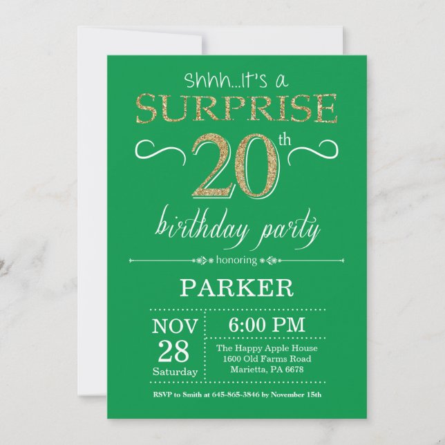 Convite de Aniversário de 20 anos Surpresa Verde e (Frente)
