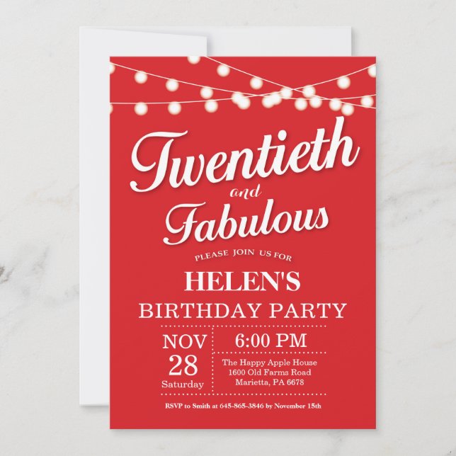 Convite de Aniversário de 20 Anos Vermelho Fabulos (Frente)