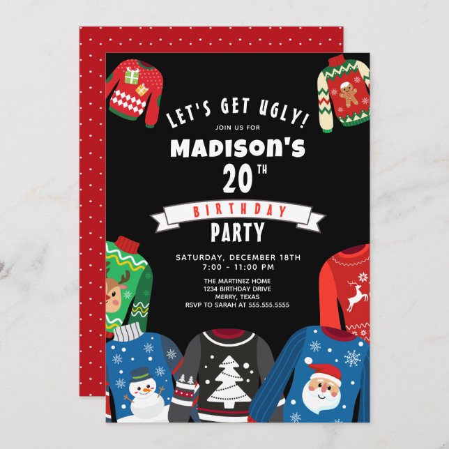 Convite de aniversário de 20 de Sweater Feio (Frente/Verso)
