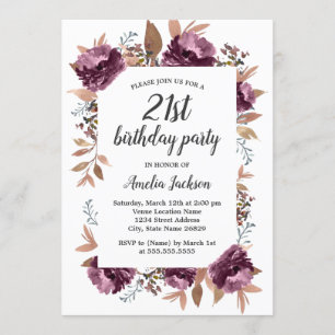 Convite de Aniversário de 21 Anos Bloom Purple Wat