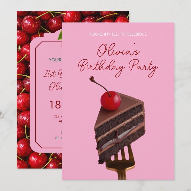 Convite de Aniversário de 21 Anos Bolo de Cereja c (Frente/Verso)