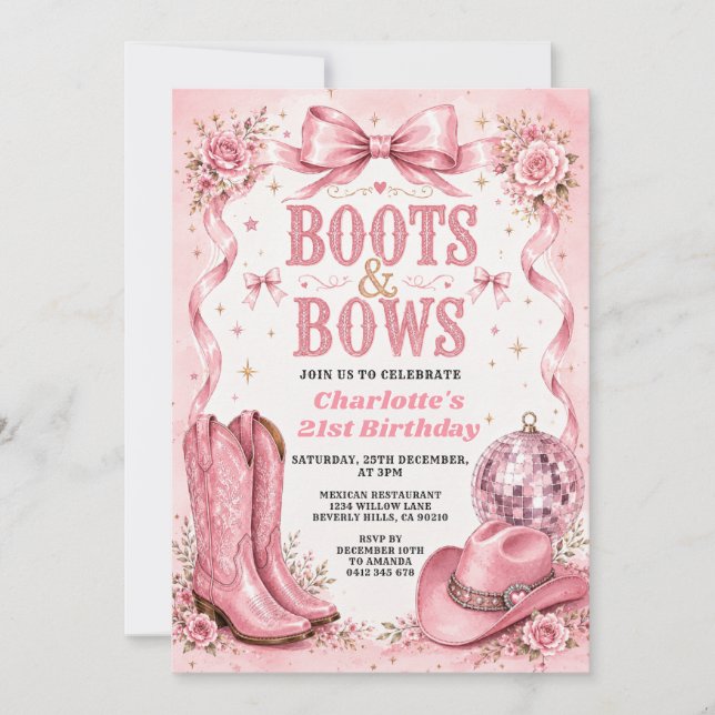 Convite de Aniversário de 21 anos Boots & Bows (Frente)