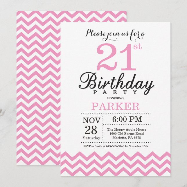 Convite de Aniversário de 21 anos Chevron Rosa (Frente/Verso)