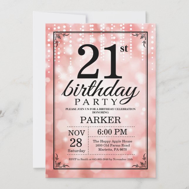 Convite de Aniversário de 21 anos com Brilho Rosa (Frente)